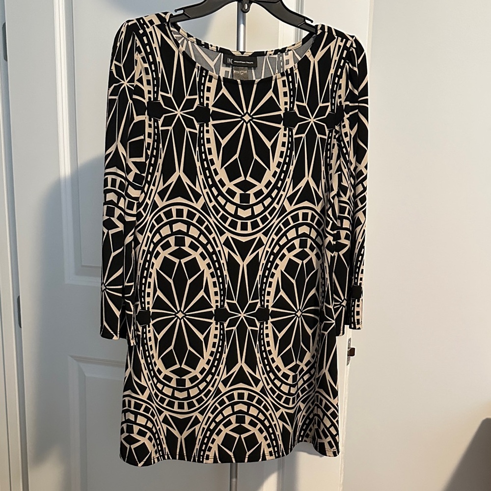 I•N•C International Concepts Black/Cream Geometric 3/4 Sleeve Mini Dress Sz M